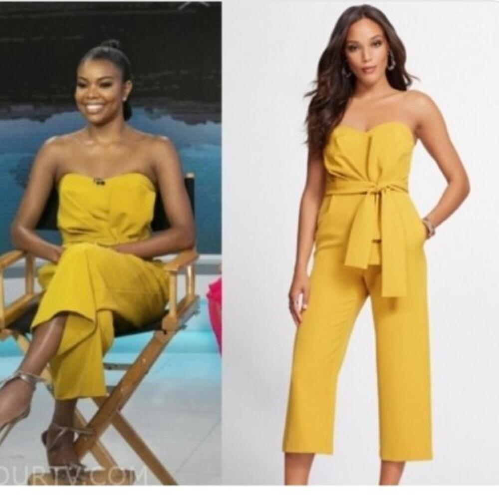 GABRIELLE UNION NY & Co. Yellow Women's Strapless Belted Jumpsuit Size M #11